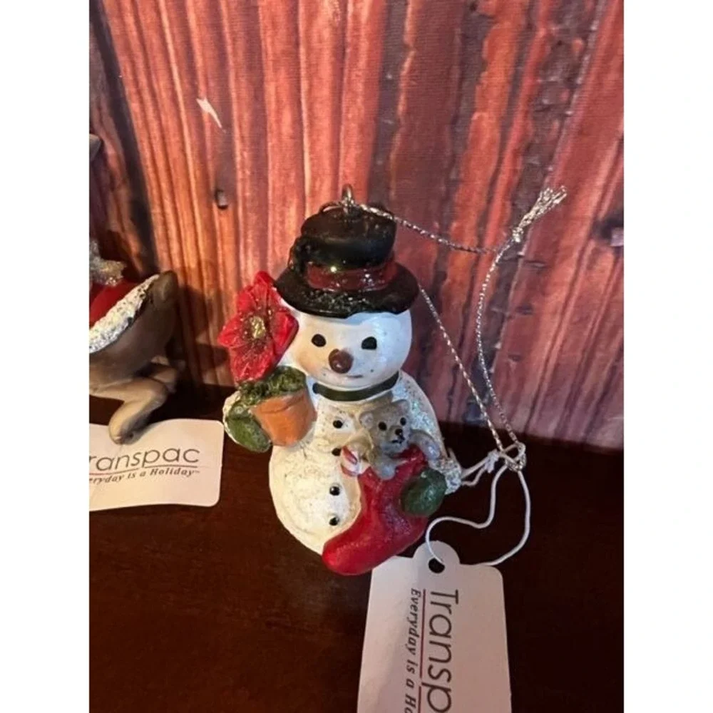 Set Of 3 Transpac Holiday Ornaments: Reindeer‎ Snowman & Cardinal